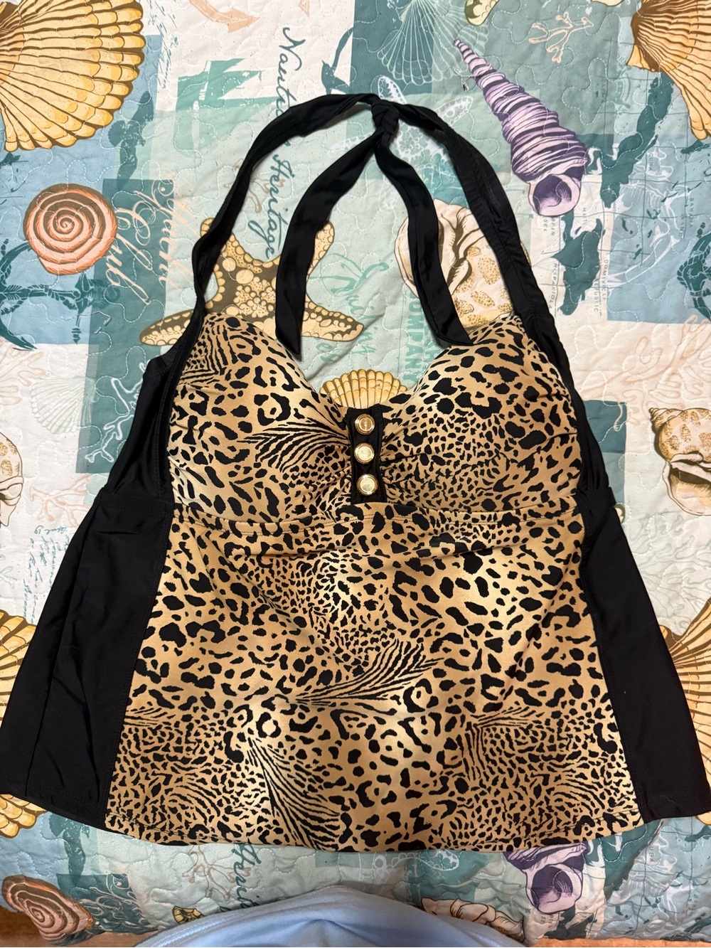 Catalina Black & Leopard-Print Halter Tankini Top
